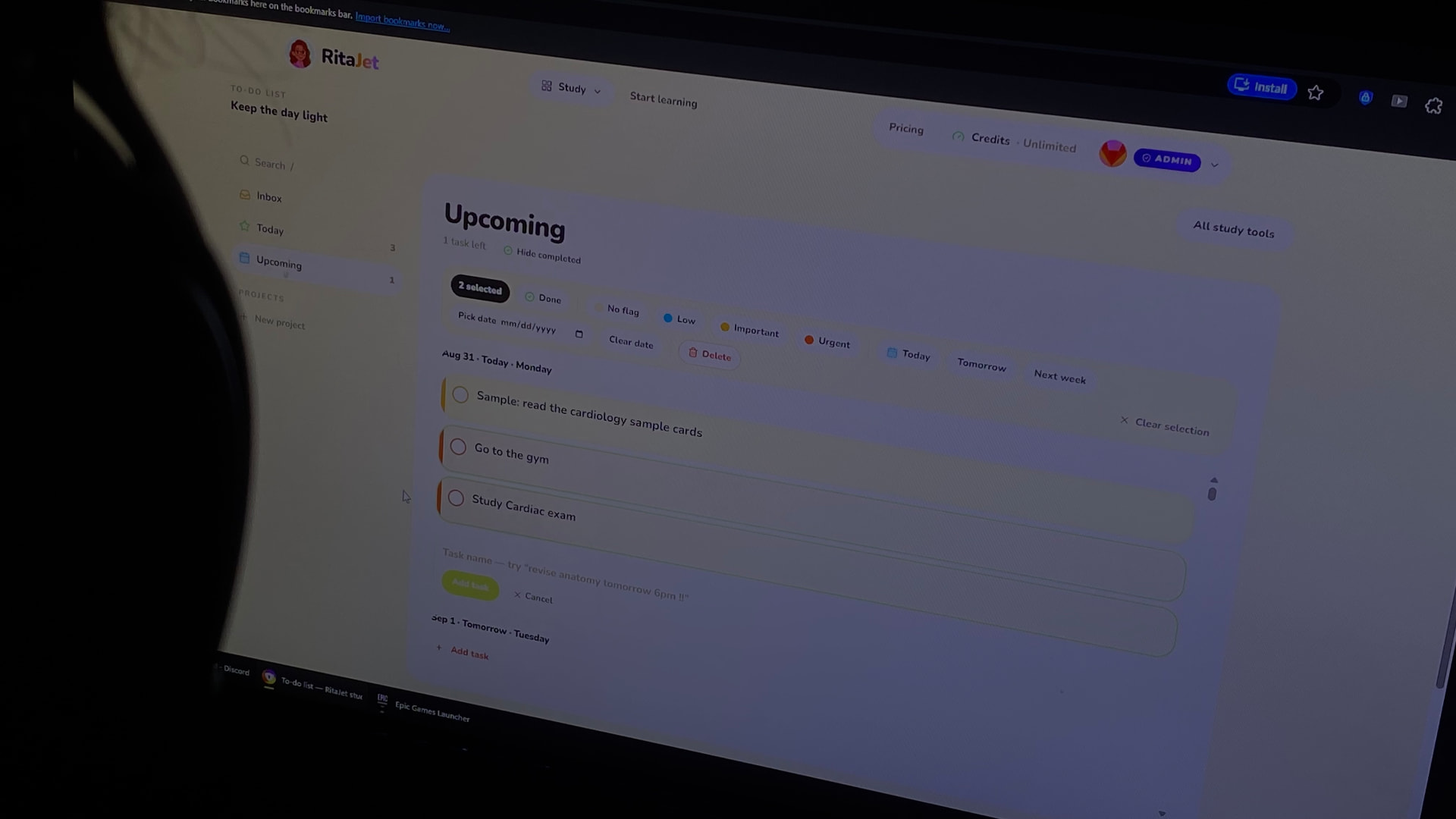 RitaJet's to-do list open on a laptop late at night